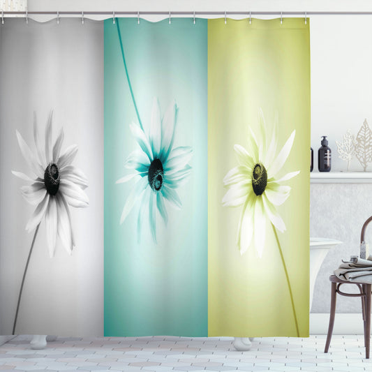 Abstract Daisy Flower Shower Curtain in Avocado Green, Turquoise, and Grey