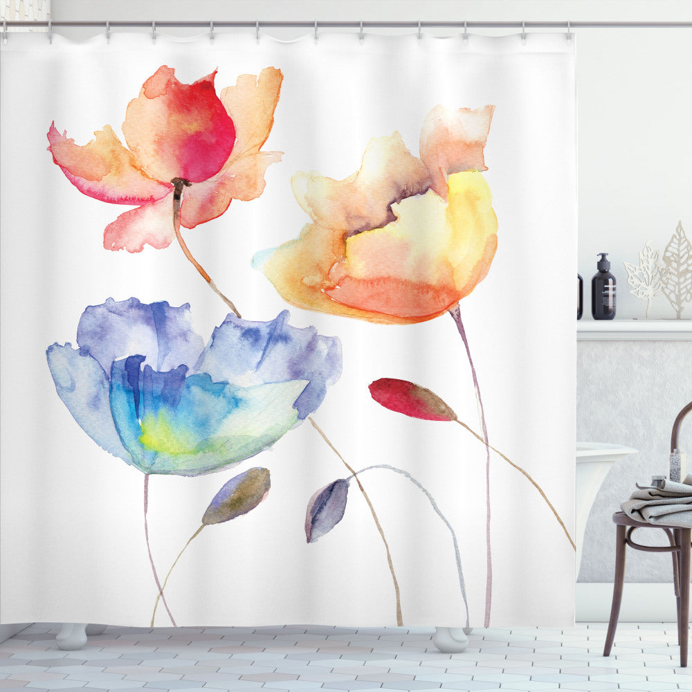 Watercolor Floral Shower Curtain in Vibrant Orange, Blue, and Red Hues