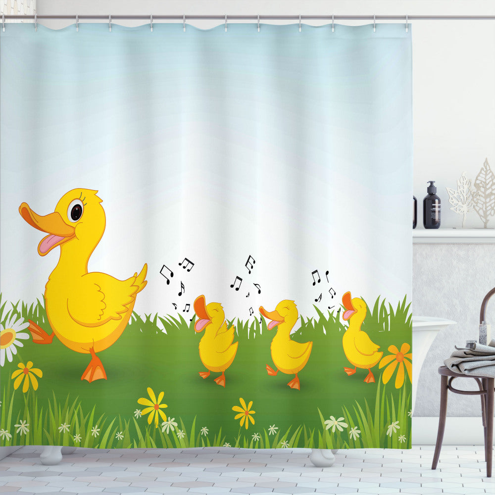 Cartoon Mother Duck and Babies Bath Curtain in Pale Blue and Mustard Colors