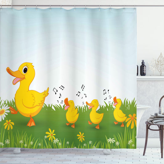 Cartoon Mother Duck and Babies Bath Curtain in Pale Blue and Mustard Colors