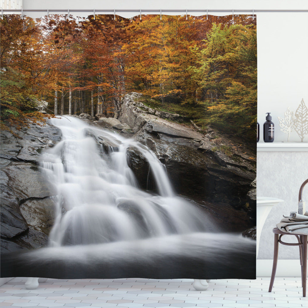 Autumn-themed Lake with Waterfall: Orange, White, and Green Shower Curtain