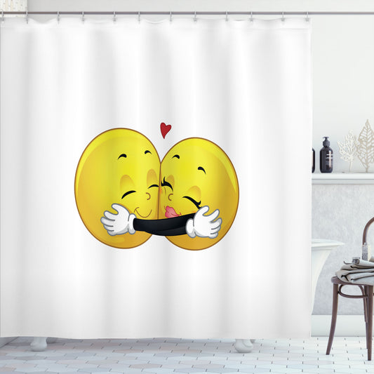 🤗 Romantic Yellow, White, and Black Emoji Hugging Shower Curtain