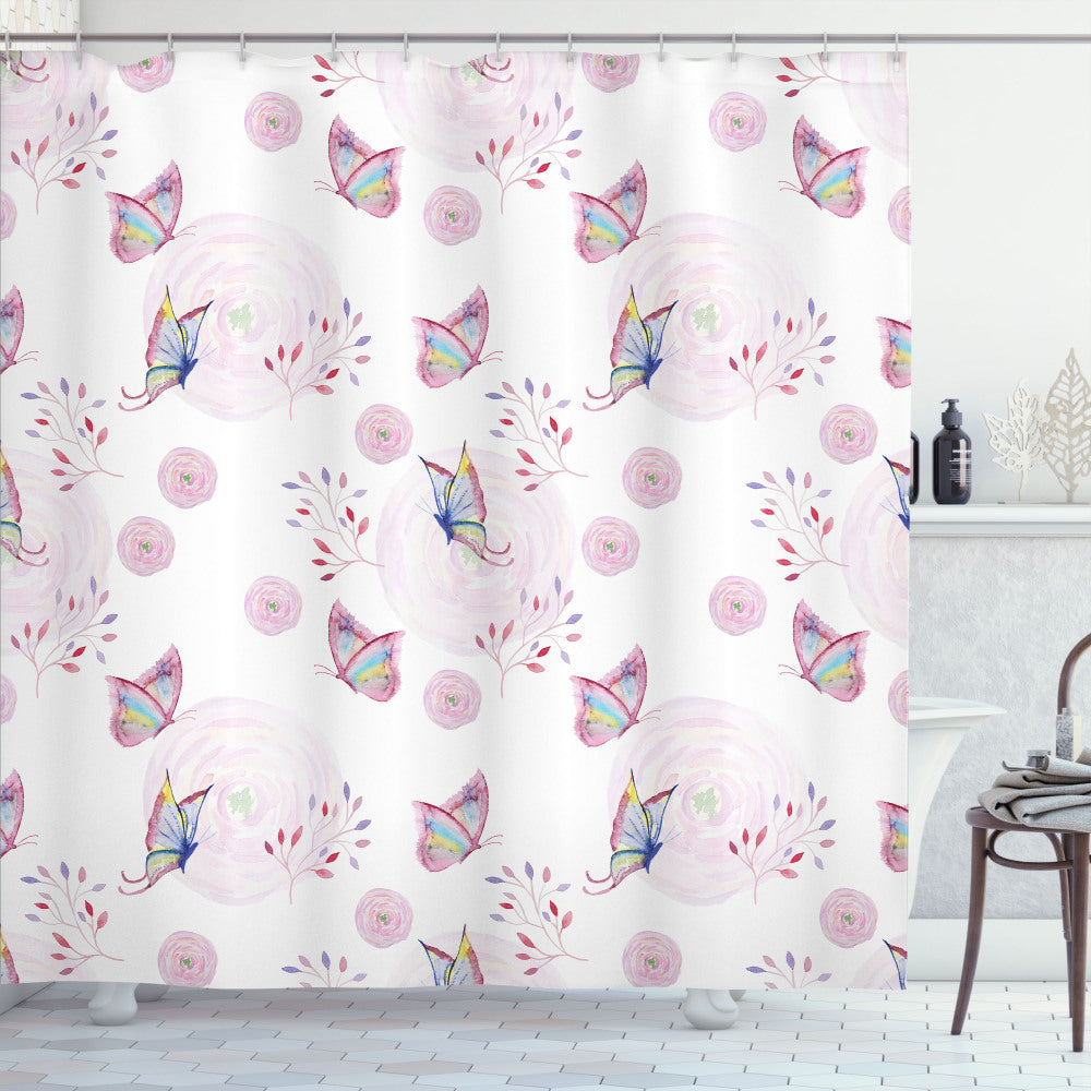 Whimsical Spring Butterfly Shower Curtain in White and Pink Retro Design