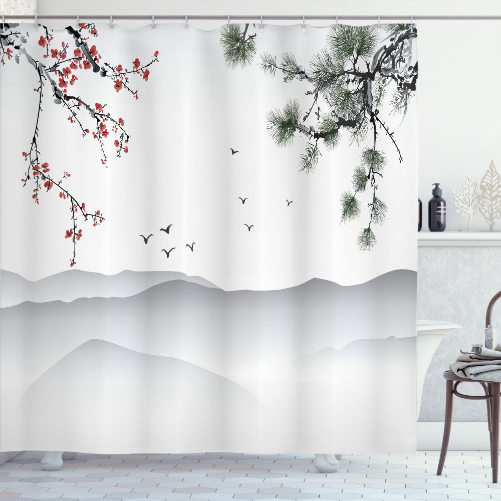 Chinese Style Floral Shower Curtain in Black, Green, and Red