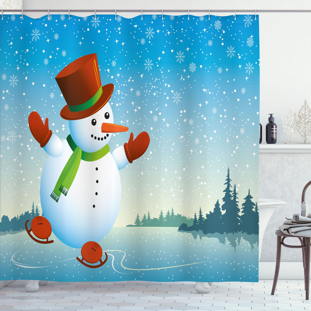 Cheerful Cartoon Skating Snowman Bath Curtain in Orange, Green, and Blue