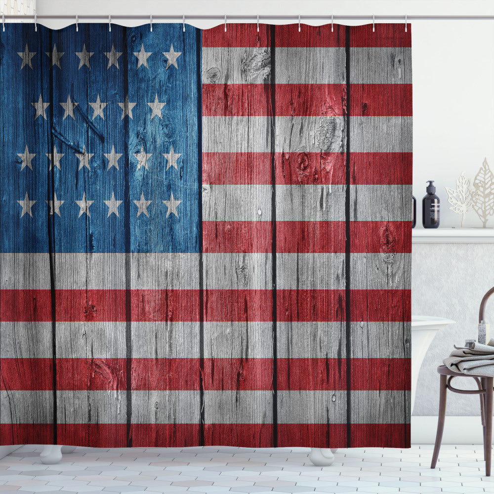 American Flag Inspired Shower Curtain in Classic Worn Style, featuring USA Colors of Pale Grey, Blue, and Red.