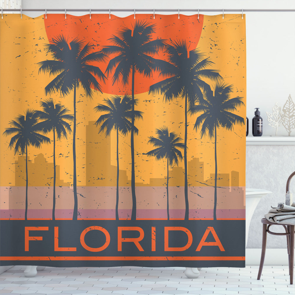 Coastal Grunge Florida Beach Saying Shower Curtain in Orange, Marigold, and Charcoal Grey