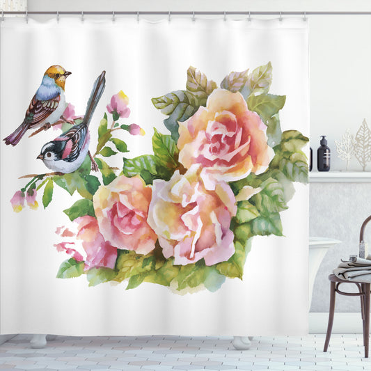 Watercolor Wild Exotic Birds and Roses Multicolor Shower Curtain