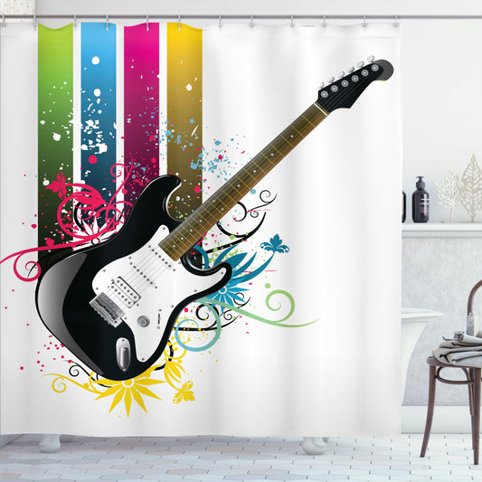 Colorful Bass Floral Guitar Multicolor Shower Curtain