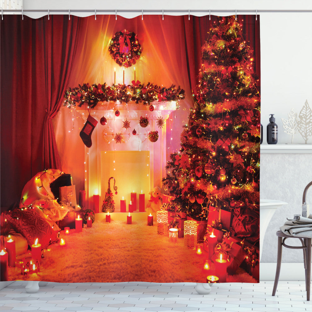 Christmas Orange Bath Curtain: Noel New Years Theme