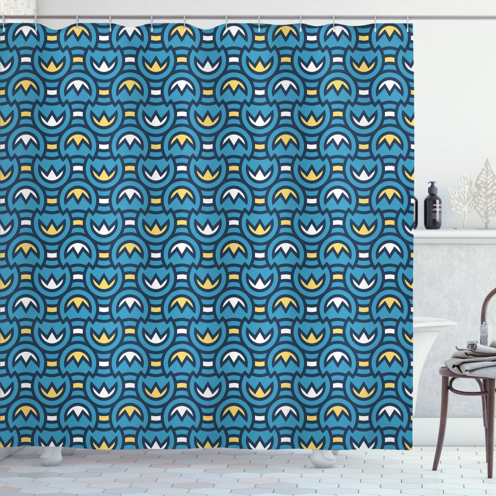 Abstract Geometric Floral Motifs in Shades of Blue, Dark Blue, White, and Pale Orange - Shower Curtain