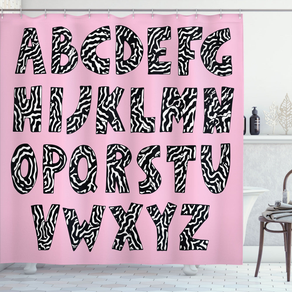 Trippy Pink Zebra Bath Curtain in Baby Pink, White, and Black Funky Letters