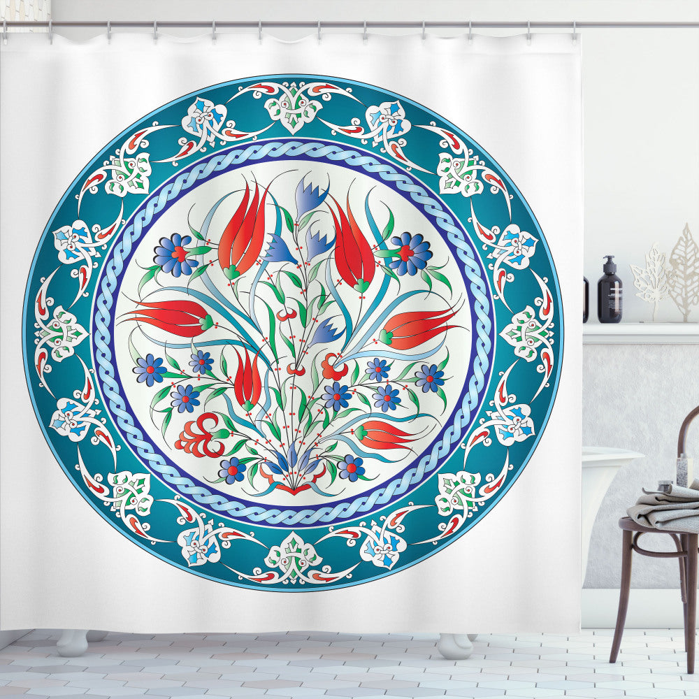 Turkish Tulip Floral Art Shower Curtain in White, Teal, and Red Colors