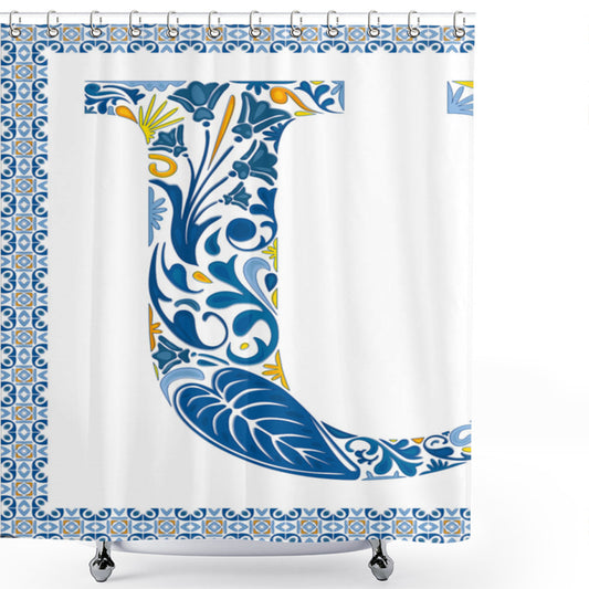 Vibrant Azulejo Motif Bath Curtain featuring Letter U in Orange, Yellow, and Blue