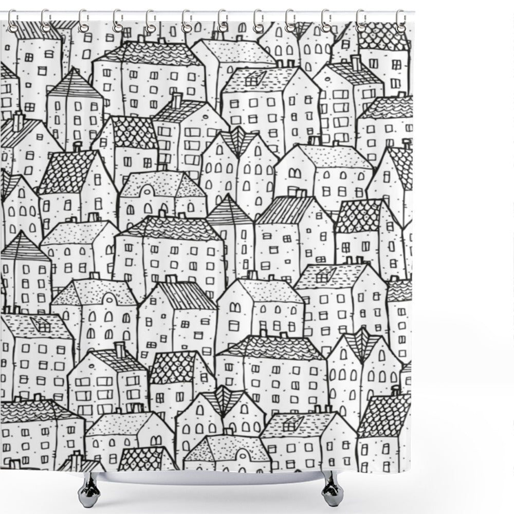 Cityscape-themed Sketch Style Urban Area Shower Curtain in Black and White