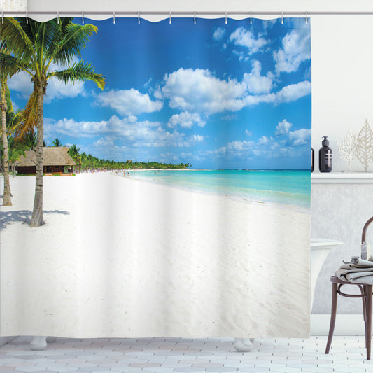 White Sand Beach: A Tropical Island Seashore Shower Curtain, featuring Green and Blue Accents