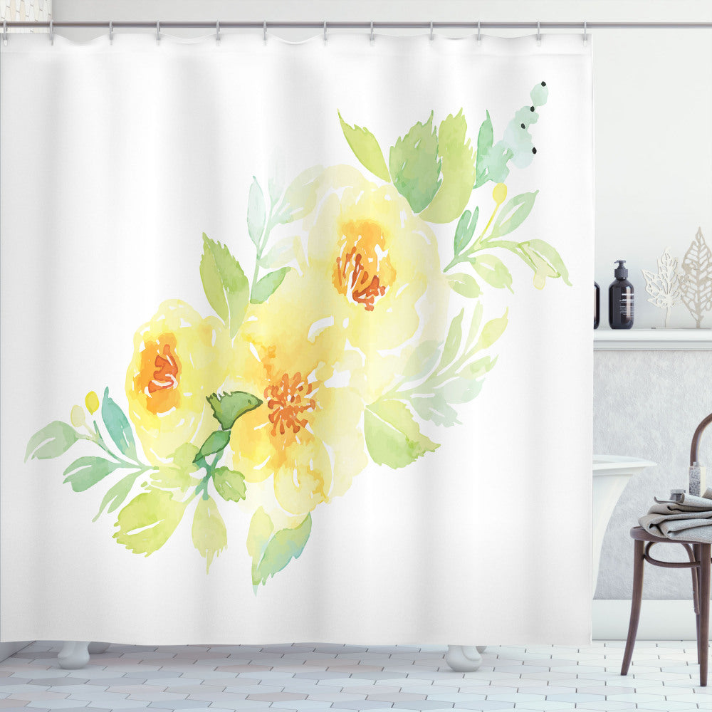 Watercolor Nature Flower Garden Shower Curtain in Pale Yellow, Pale Green, and Orange