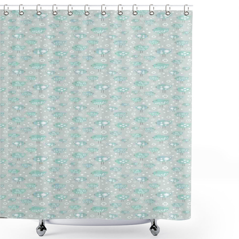 Bird Patterned Shower Curtain in Pastel Avian Colors Ocean Green and Soft Blue