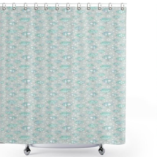 Bird Patterned Shower Curtain in Pastel Avian Colors Ocean Green and Soft Blue