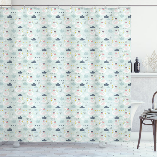 Swan-inspired Unicorn Aquatic Animal Art Bath Curtain in Pale Pink, Pale Seafoam, and Slate Blue