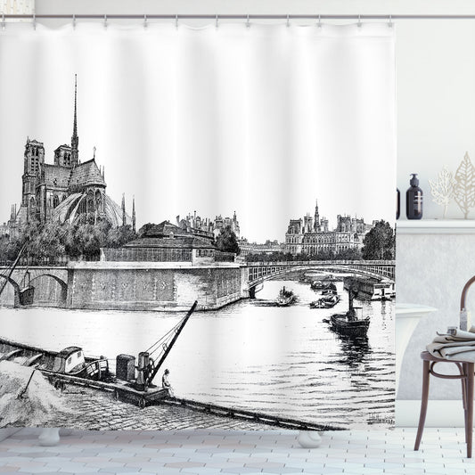 Vintage Paris Sketch Art featuring Notre Dame in Black and White Shower Curtain