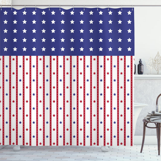 USA Flag Inspired Shower Curtain in Violet Blue, White, and Ruby Colors