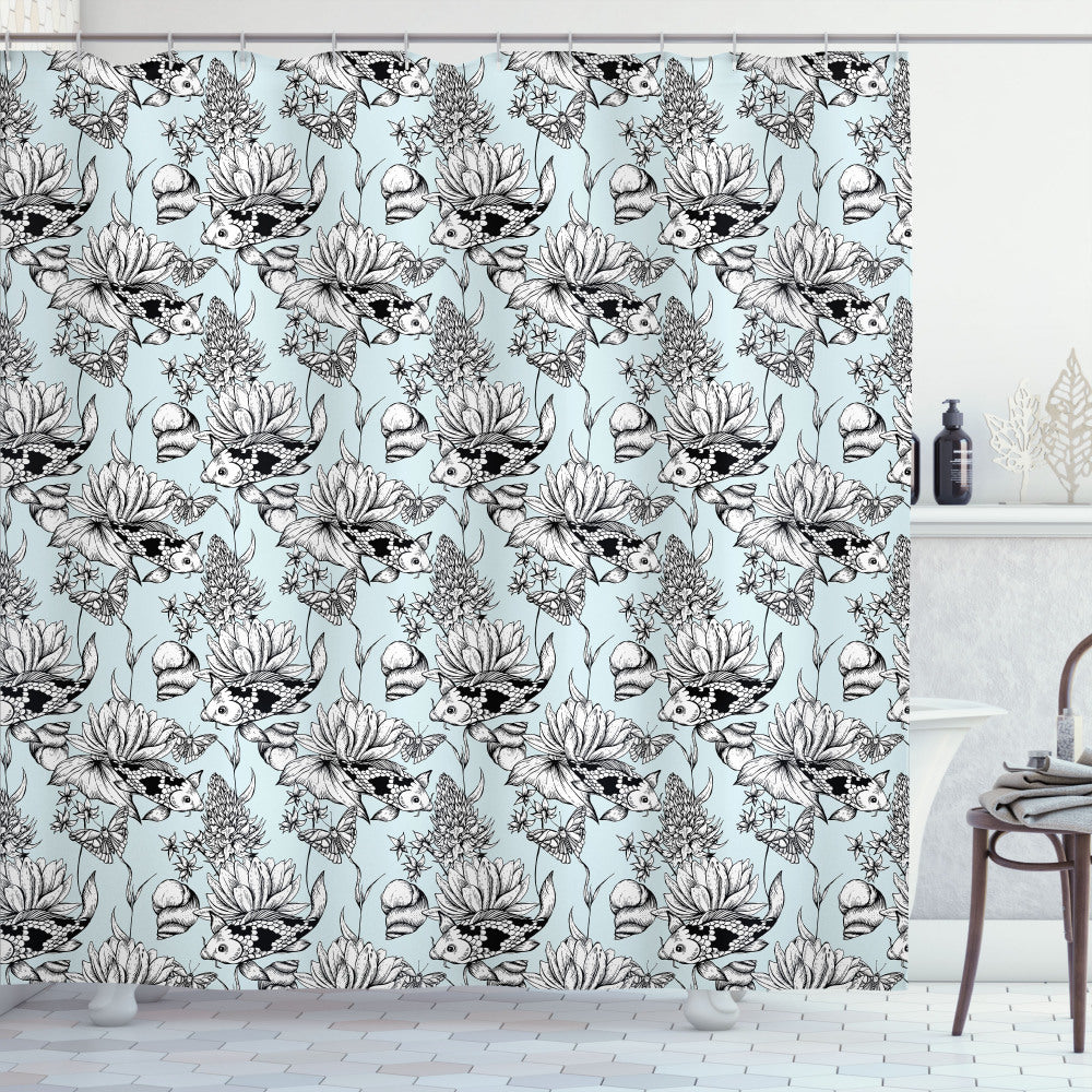 Chic Pond Water Flowers Shower Curtain in Shabby Flora, Baby Blue, White, and Black