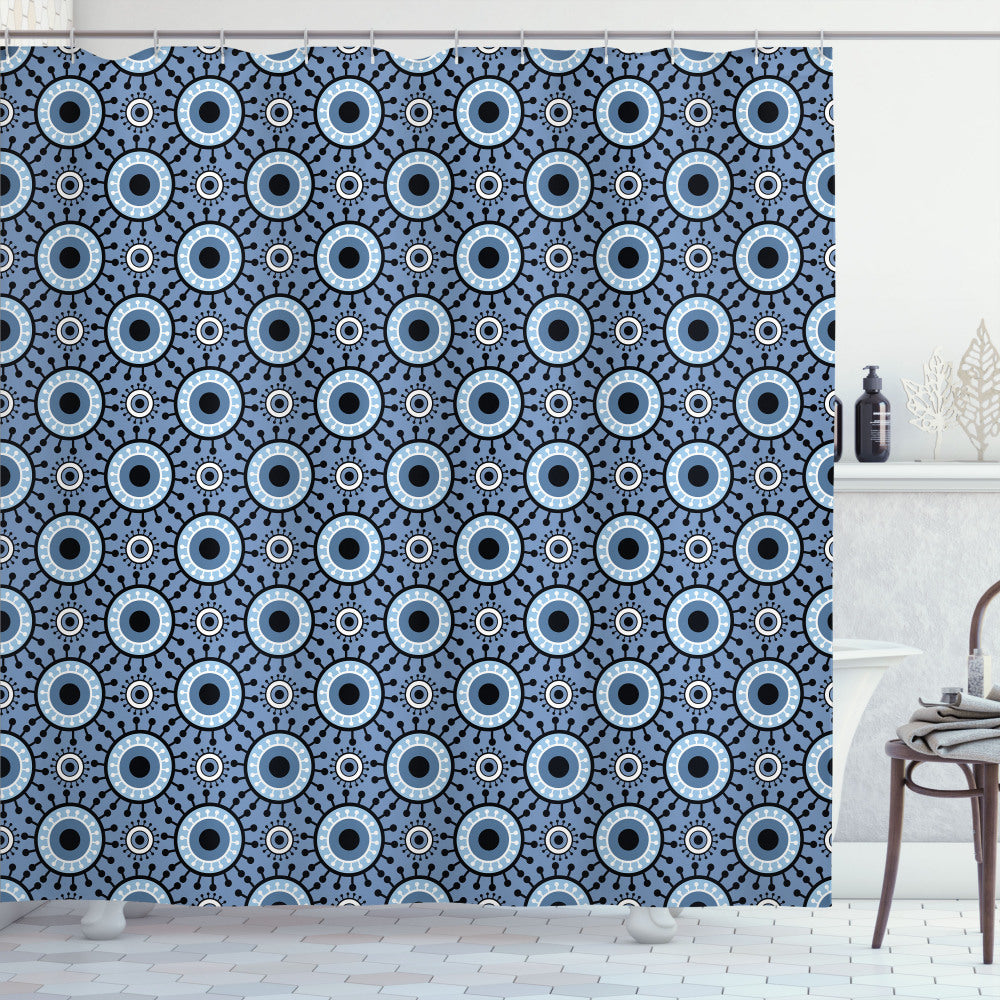 Blue and White Floral Circles Shower Curtain in Slate Blue, White, and Black