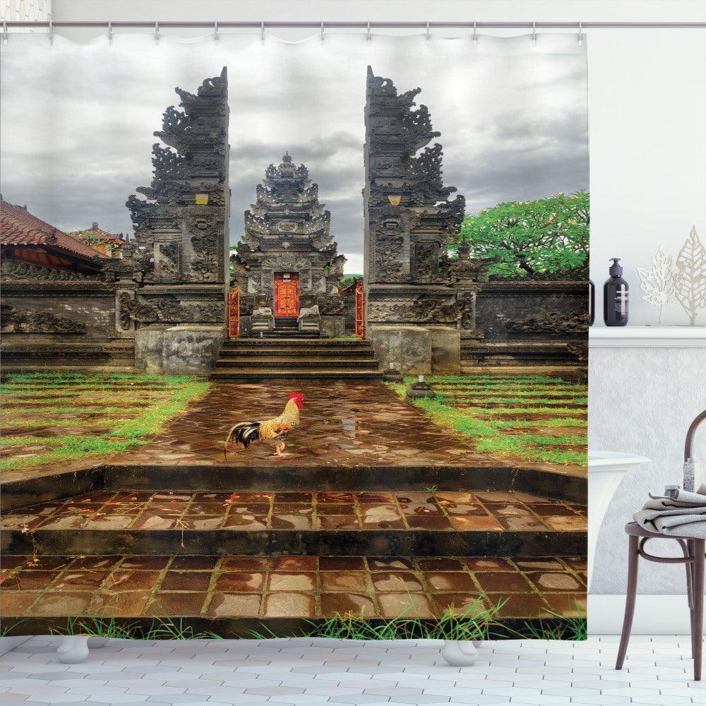 Balinese Inspired Architecture Gate Building Showcasing Brown and Green Bath Curtain