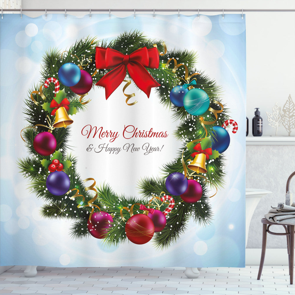 Christmas Multicolor Round Green Wreath Shower Curtain