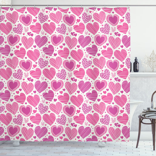 Valentine's Day Shower Curtain in Hot Pink and White with Romantic Motifs