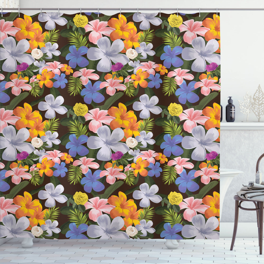 Vibrant Tropical Flowers in Charcoal Grey and Multicolor on a Shower Curtain