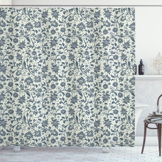 Botanical Abstract-Inspired Garden Art Design in Slate Blue and Beige for Shower Curtains