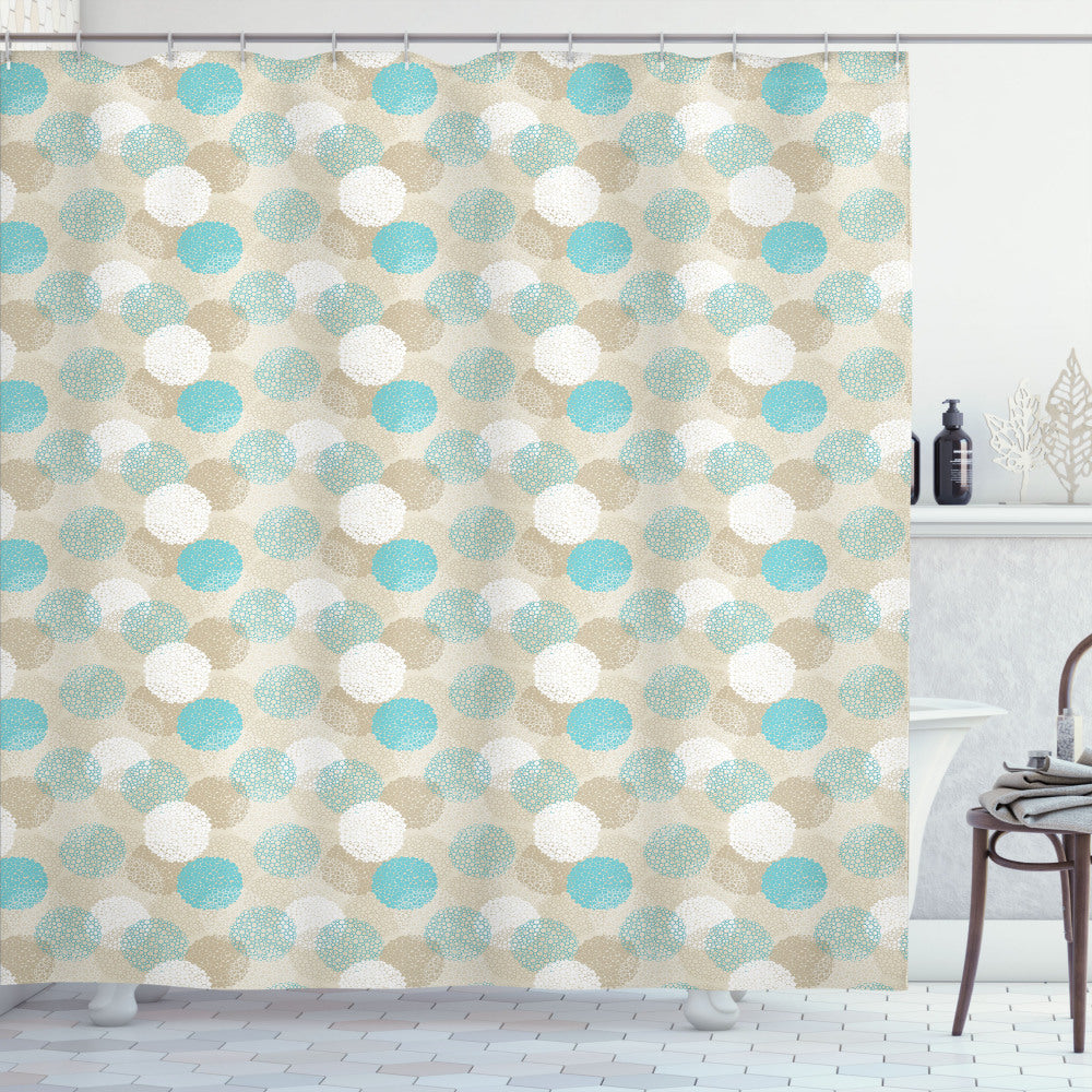 Abstract Dots and Circle Motifs in Sky Blue, White, and Tan - Shower Curtain