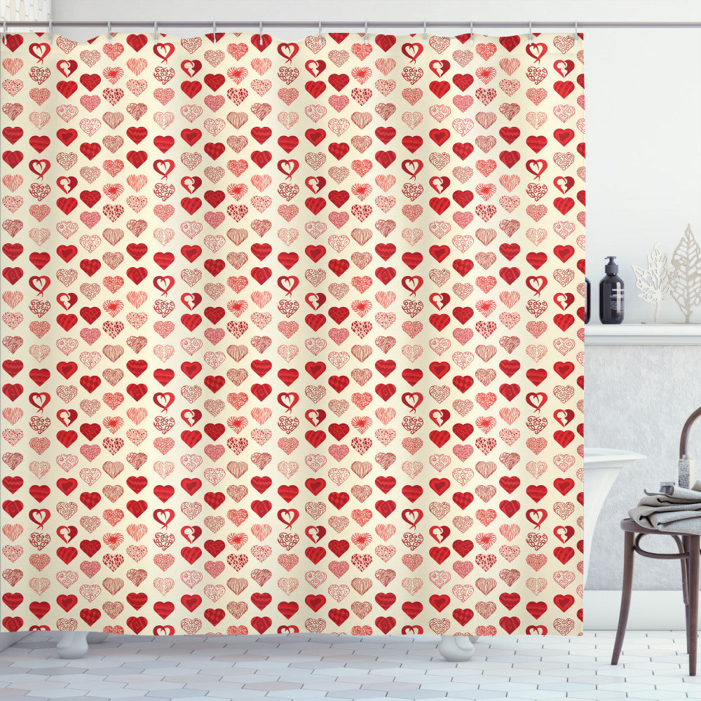 Vintage Valentine Cream and Vermilion Doodle Hearts Art Shower Curtain