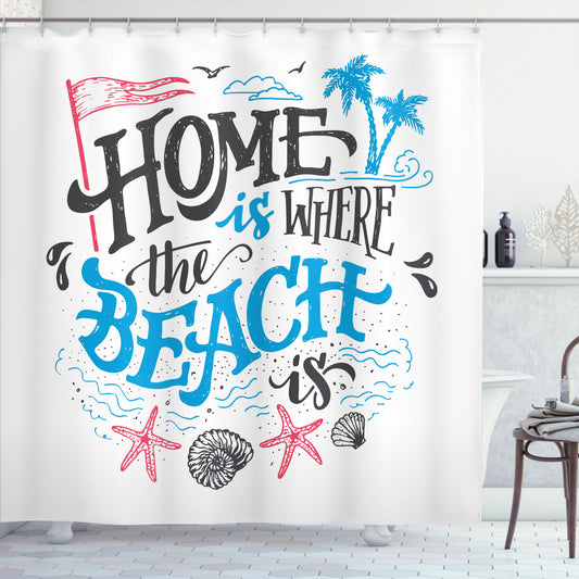 Tropical Summer Beach Shower Curtain in Charcoal Grey, Azure Blue, and Hot Pink Color Scheme