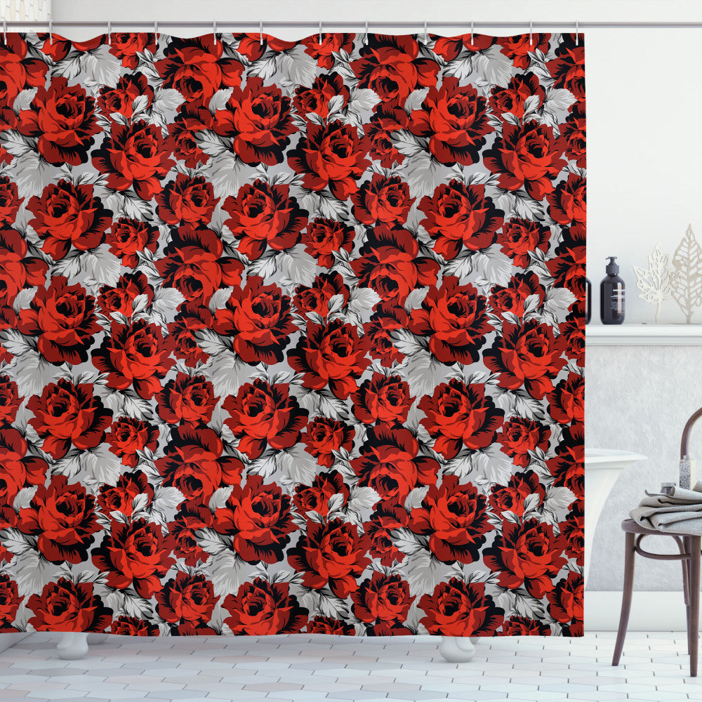 Vintage Roses Shower Curtain in Floral Black, Grey, and Red