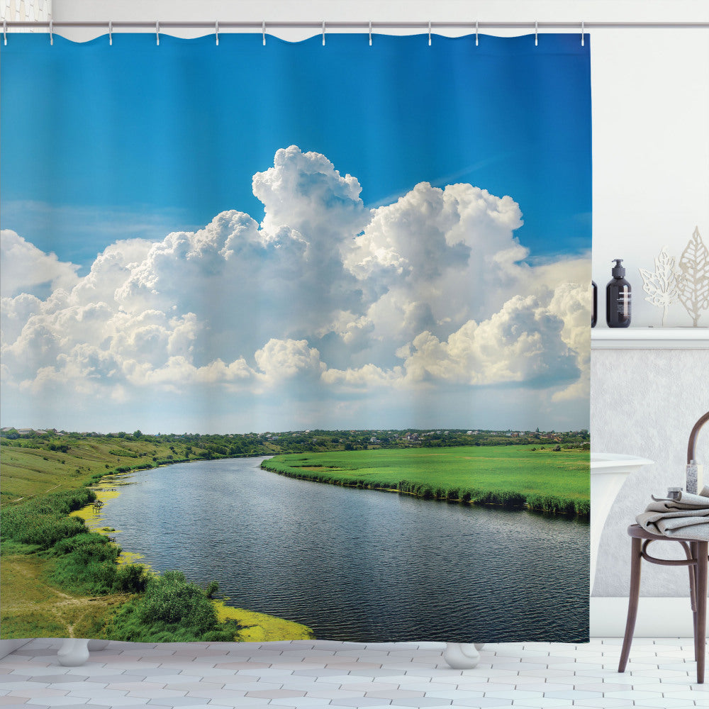 White, Green, and Blue Nature-inspired Clouds River Meadows Shower Curtain