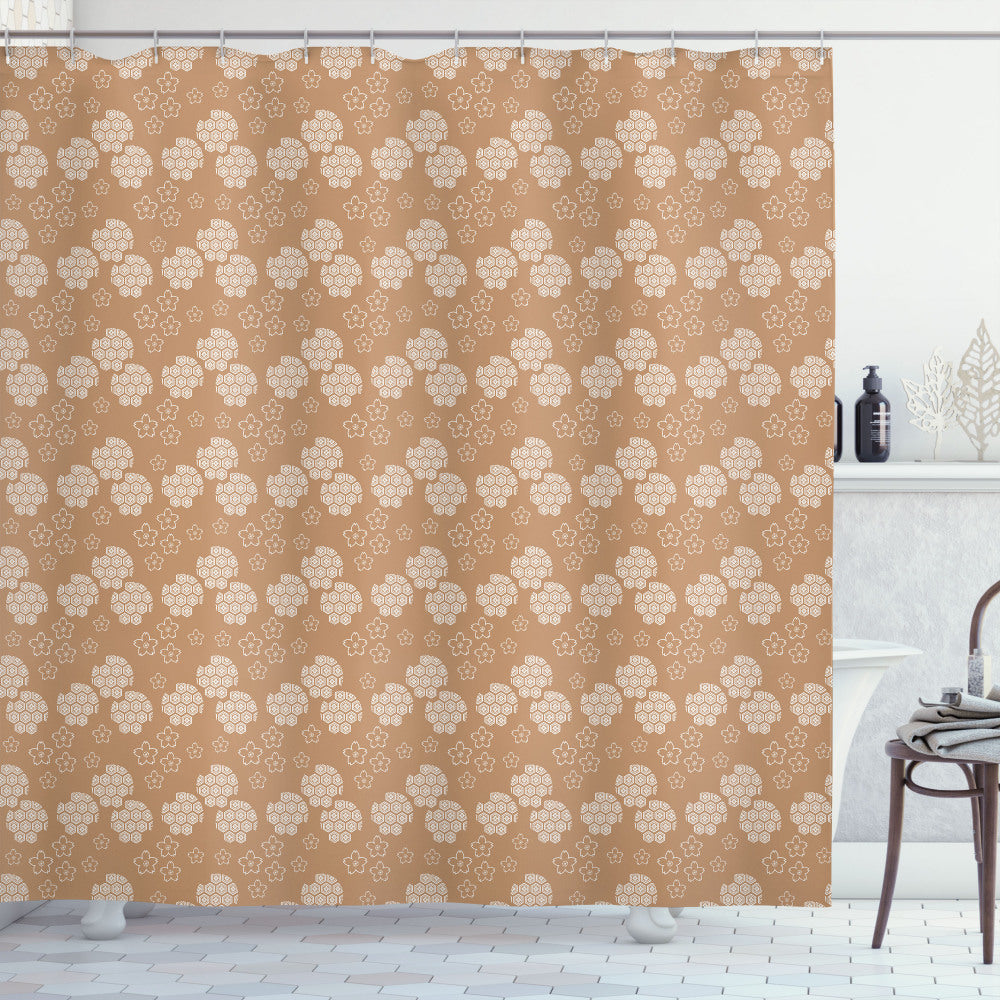 Vintage Japanese Flora Bath Curtain in Pale Caramel and White Hues