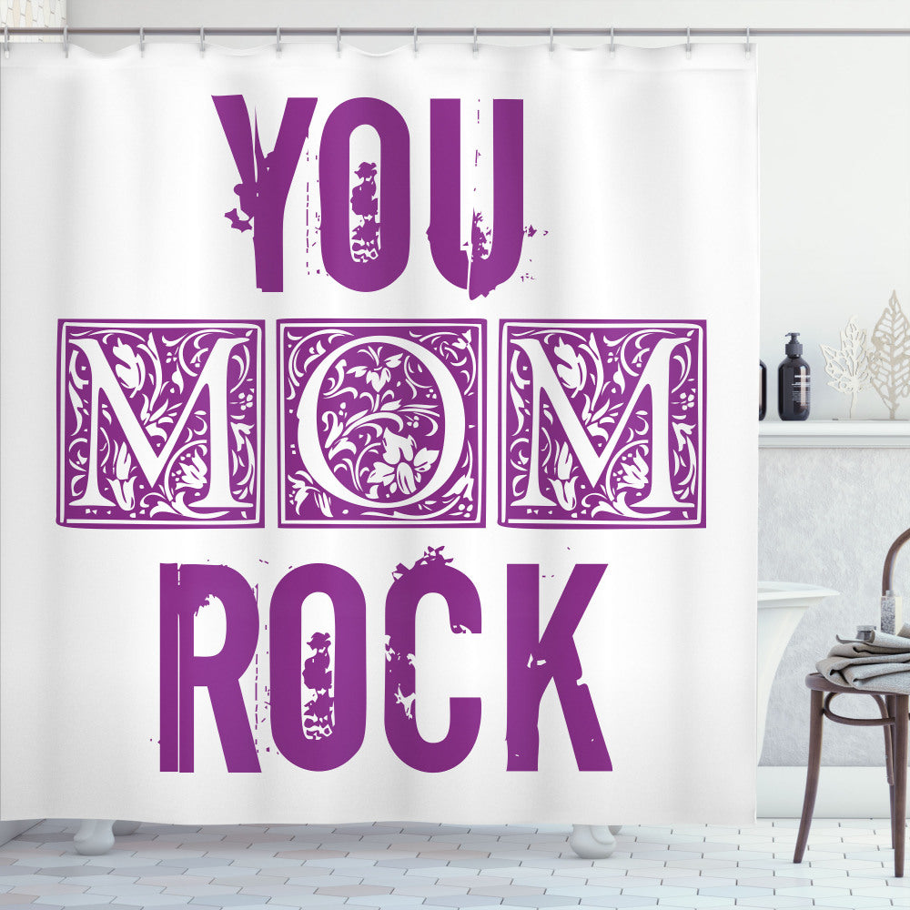 You Rock Mom: Stylish Mother's Day Typography Shower Curtain in Purple and White