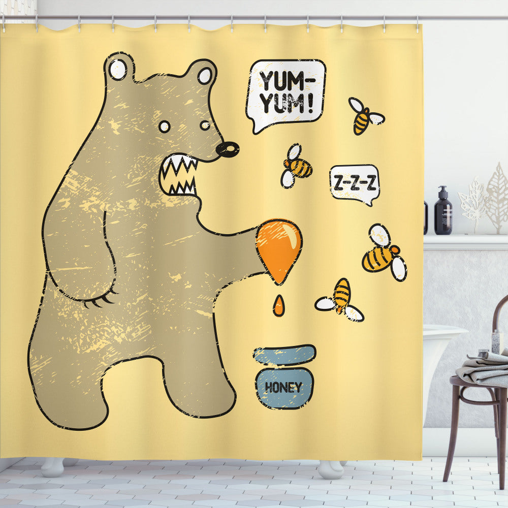 Yellow and Taupe Bear Bees Honey Cartoon Comic Shower Curtain