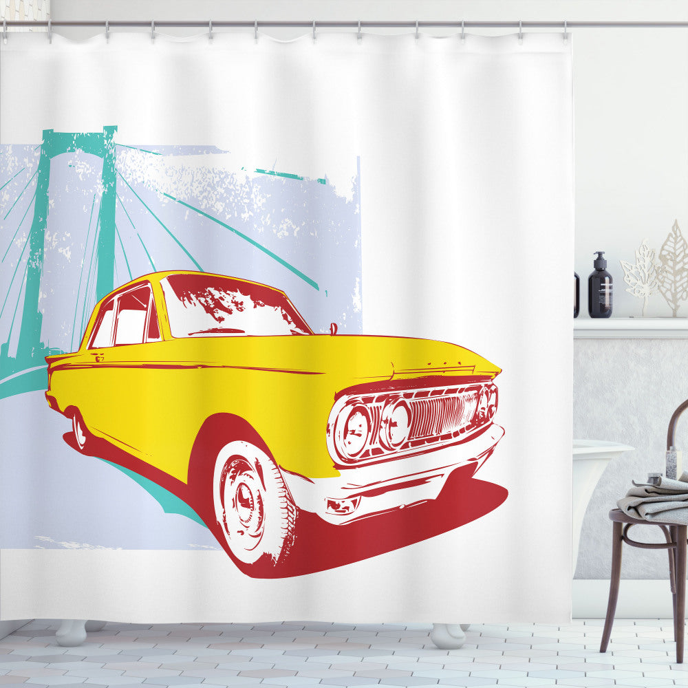 Vintage Turquoise and Yellow Old Car Grunge Artwork Shower Curtain