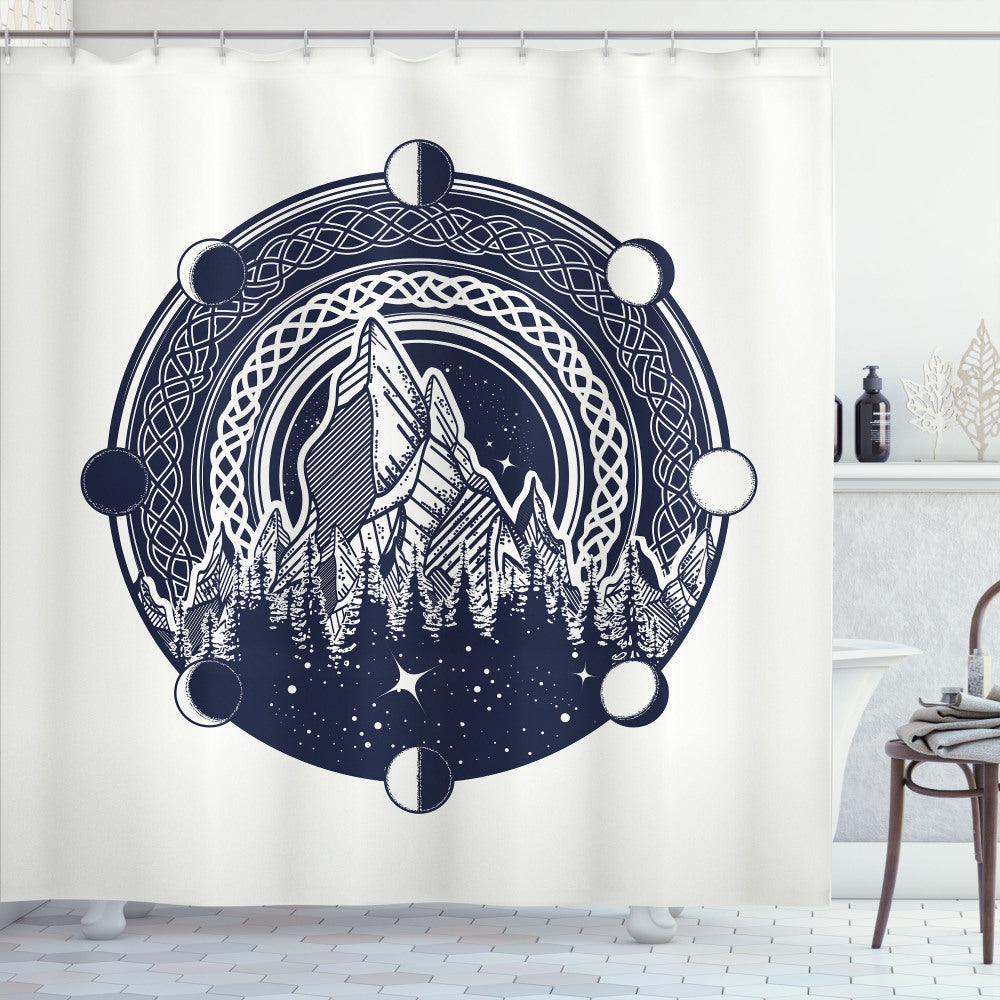 Celtic Style Hills Bath Curtain in Northwoods Theme: Dark Blue and White