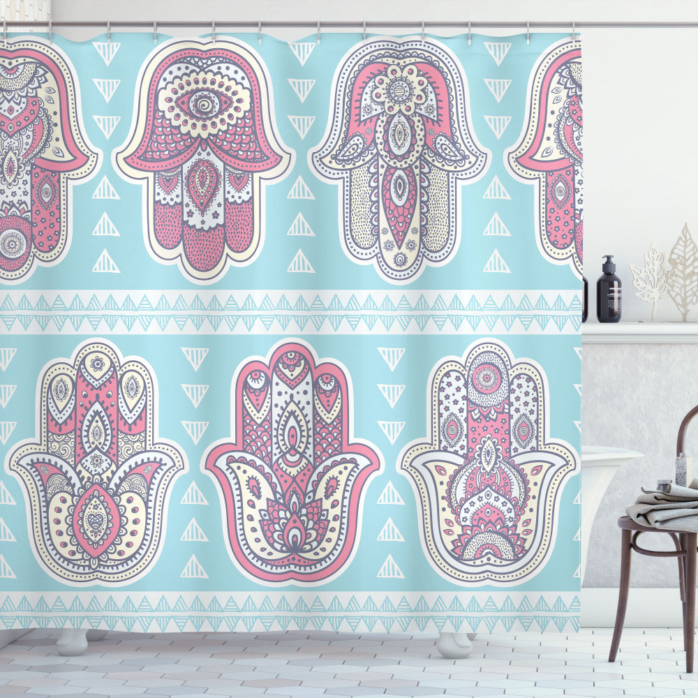 Boho Ornate Hamsa Shower Curtain in Pink and Blue Colors