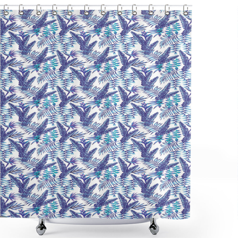 Banana Leaf Shower Curtain in Dark Purple, Turquoise, and White Colors