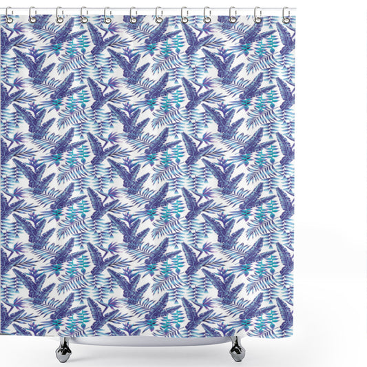 Banana Leaf Shower Curtain in Dark Purple, Turquoise, and White Colors