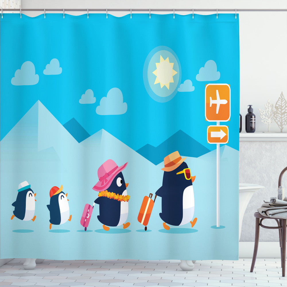 Airport Adventure: Multicolored Penguin Family Trip Shower Curtain