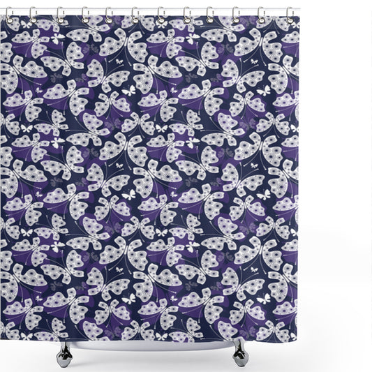 Butterfly Wings: Abstract Floral Design in Dark Blue, Purple, and White - Shower Curtain