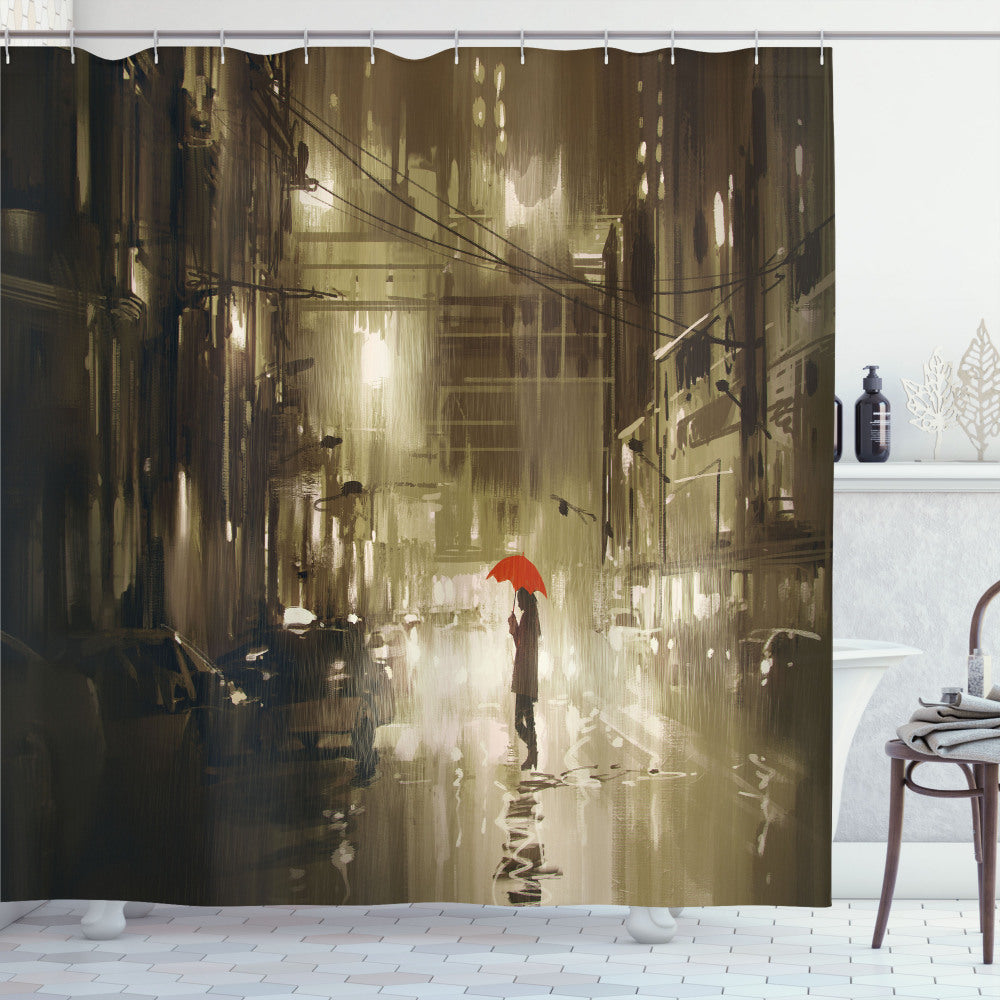 Urban Sepia Shower Curtain Sets the Romantic Scene on a Rainy Day