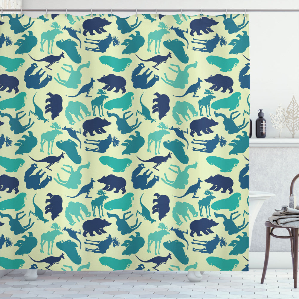 Wildlife Silhouettes in Shades of Turquoise, Pale Petrol Blue, Dark Sky Blue, and Dark Slate Blue featured on Shower Curtain